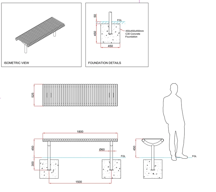 Ollerton M3 Contemporary Straight Stainless Steel Bench