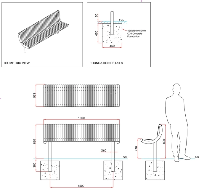 Ollerton M3 Contemporary Straight Stainless Steel Seat dimensions